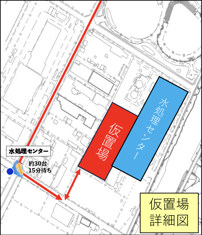 水処理センターの災害廃棄物仮置場への進入経路とカメラ設置位置